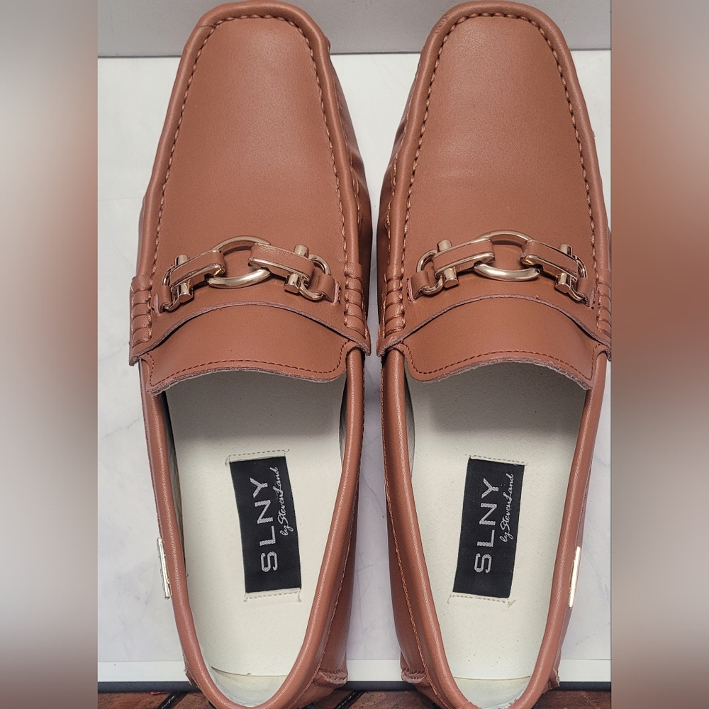 SLNY  By STEVEN LAND Men's Tan Loafers with Gold Accent.